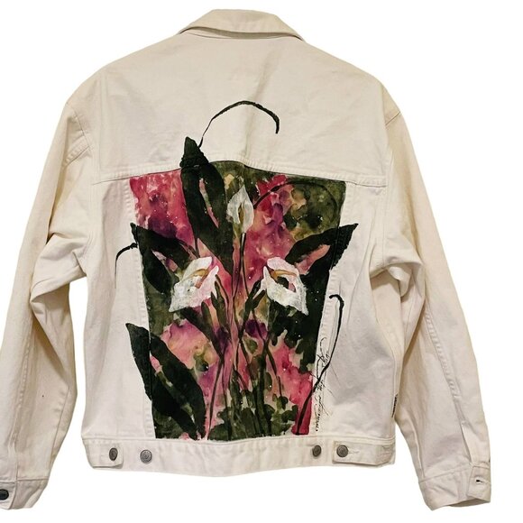 Vintage Jordache Jean Jacket Coat Hand Painted Floral Design White Size Large - Picture 2 of 11